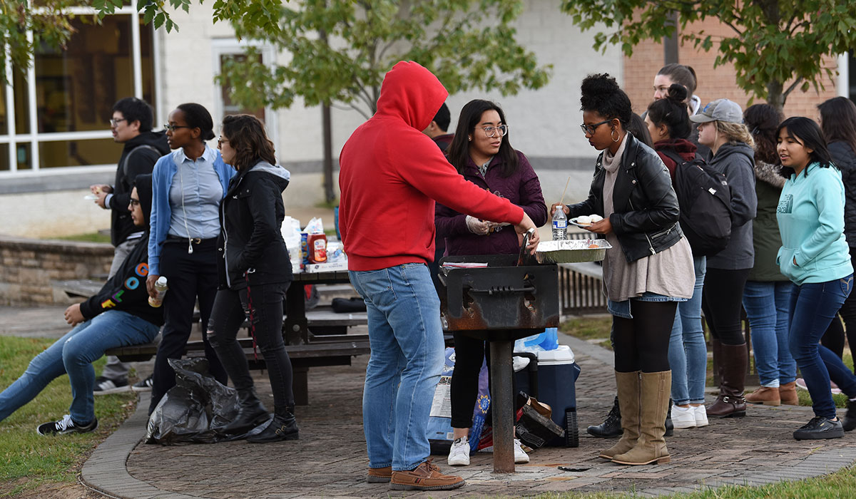 Second mosaic photo shows members of SOL at a cookout on campus.