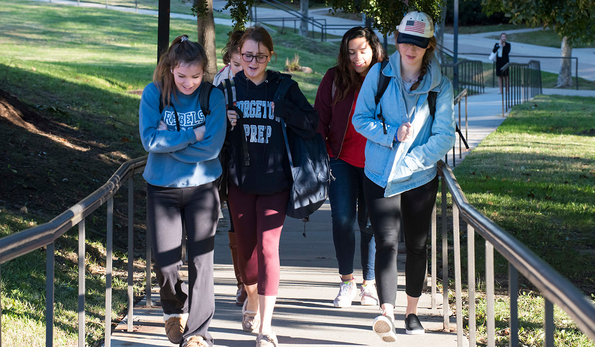 Sixth mosaic photo shows a group of female students walk up the stairway between the residence halls and the Pryz