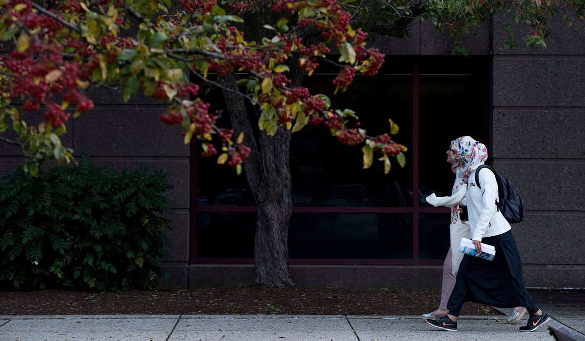 Seventh mosaic photo shows two students walking and talking as they pass Hannan Hall. 