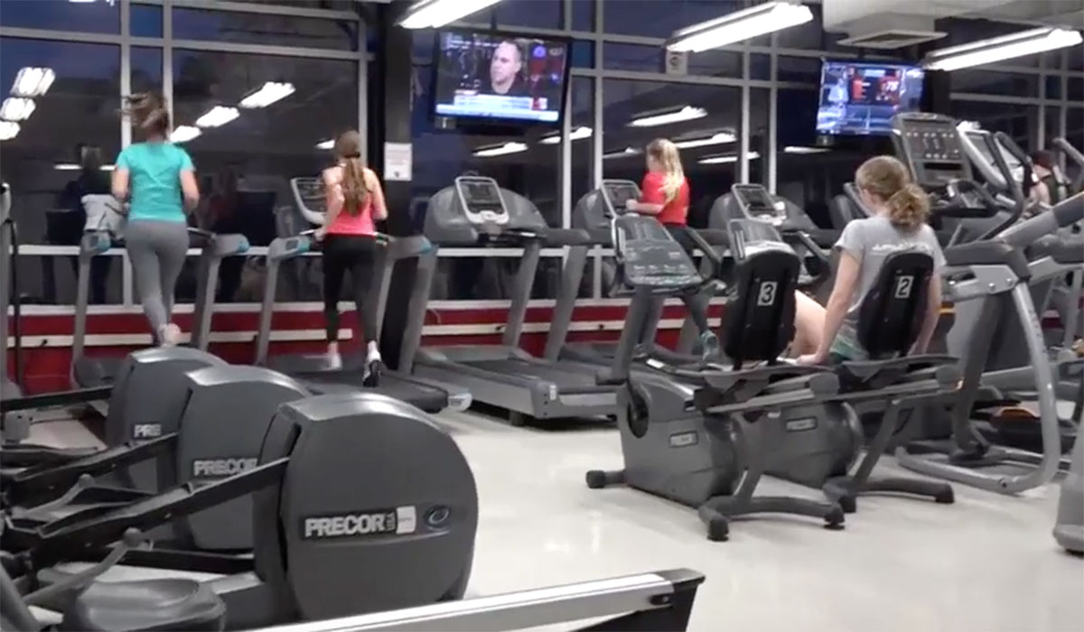 A video showing students using exercise equipment and taking fitness classes in the fitness center