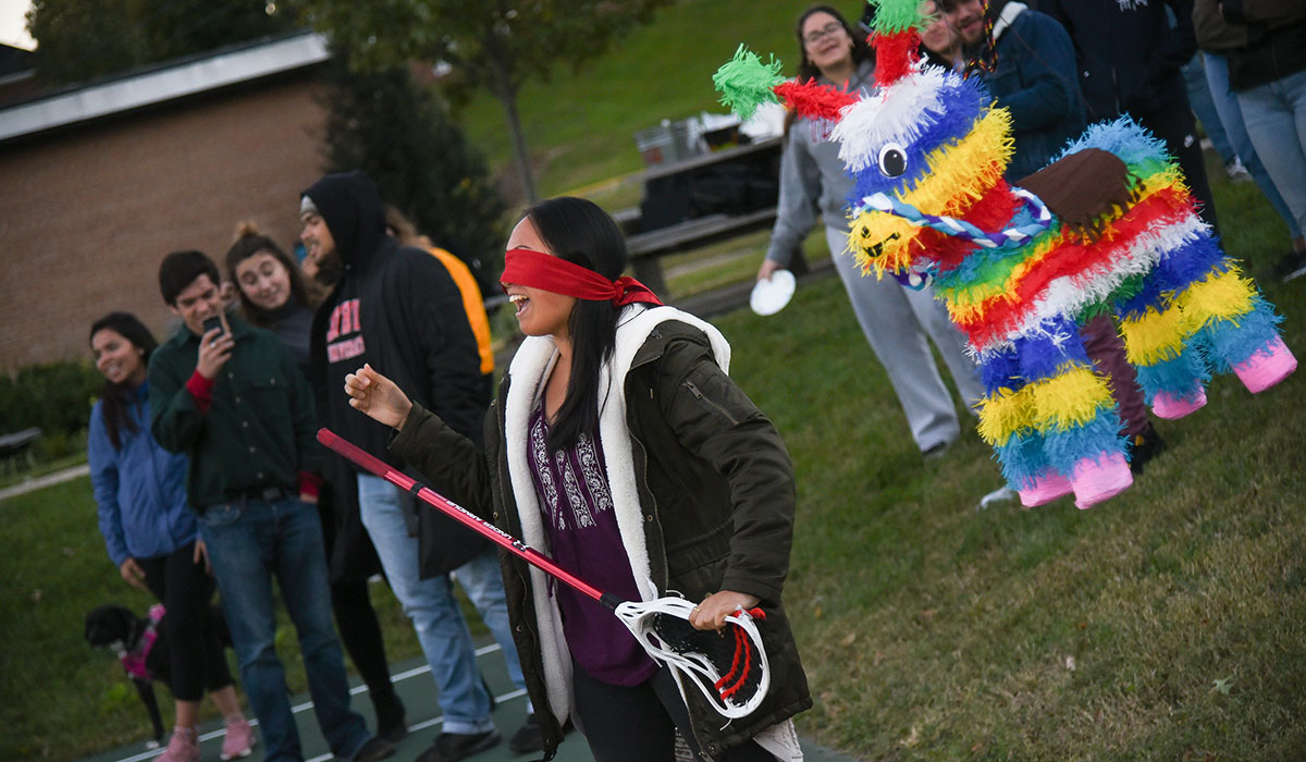 Fifth mosaic photo shows a blindfolded female student about to hit piñata
